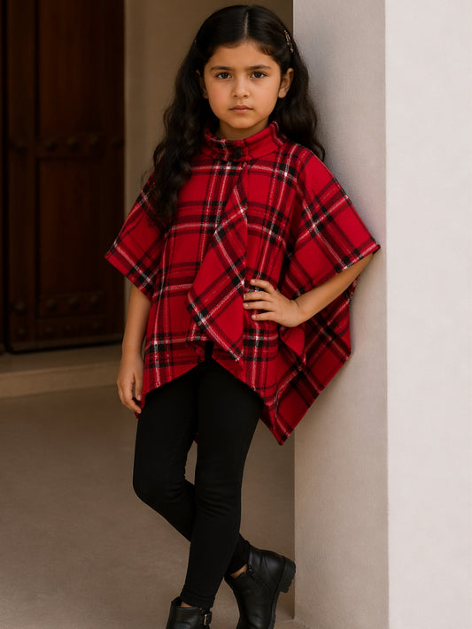Girls Red Check Cape Poncho Top with Leggings | Winter Stylish Outfit (2–8 Years)