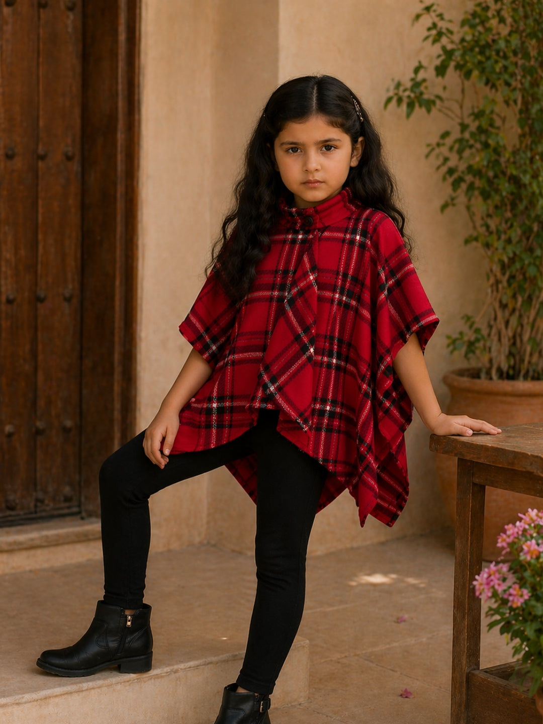 Girls Red Check Cape Poncho Top with Leggings | Winter Stylish Outfit (2–8 Years)
