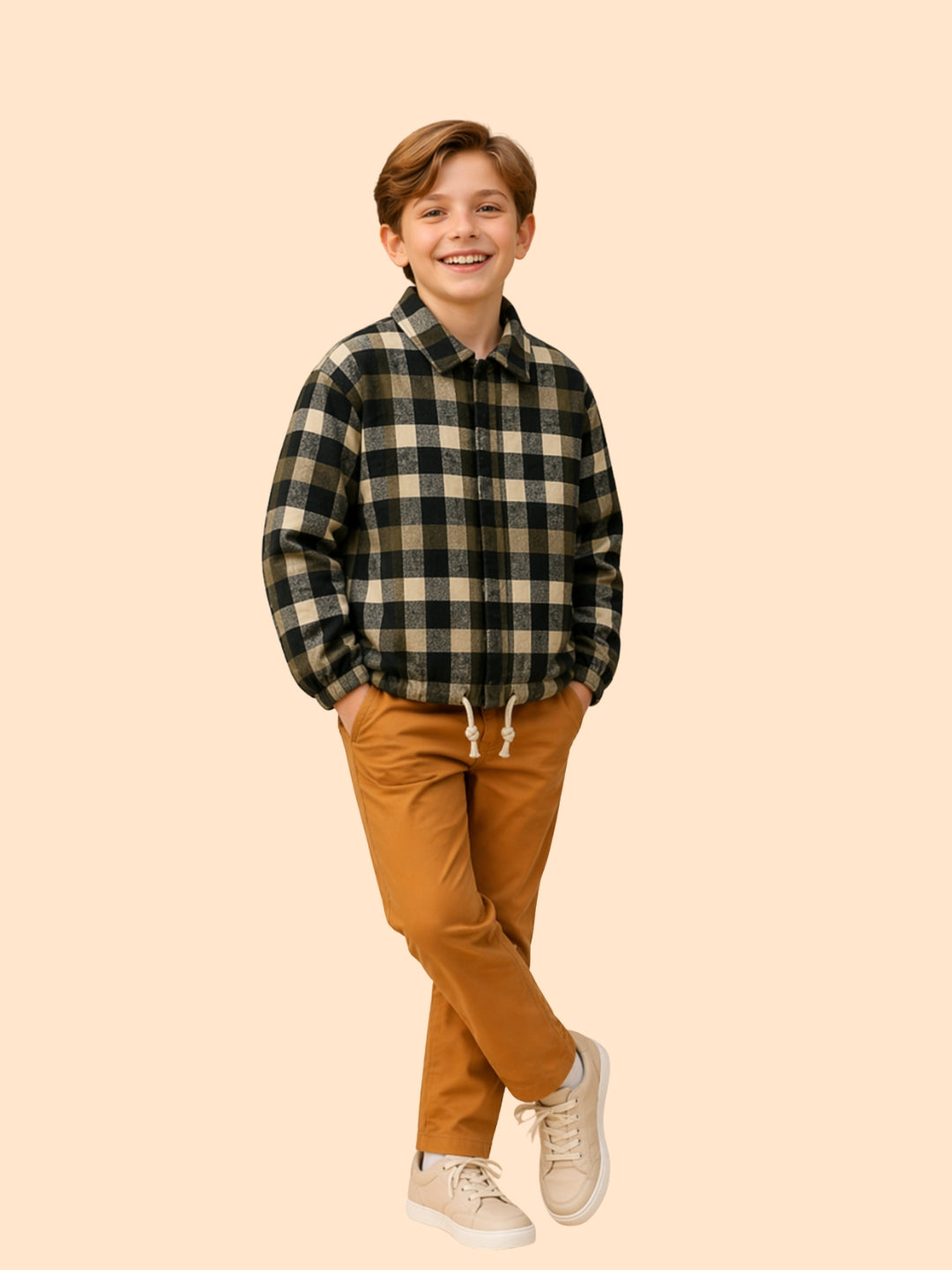 Boys Checkered Casual Jacket Shirt | Black & Beige Winter Shirt (2–10 Years)