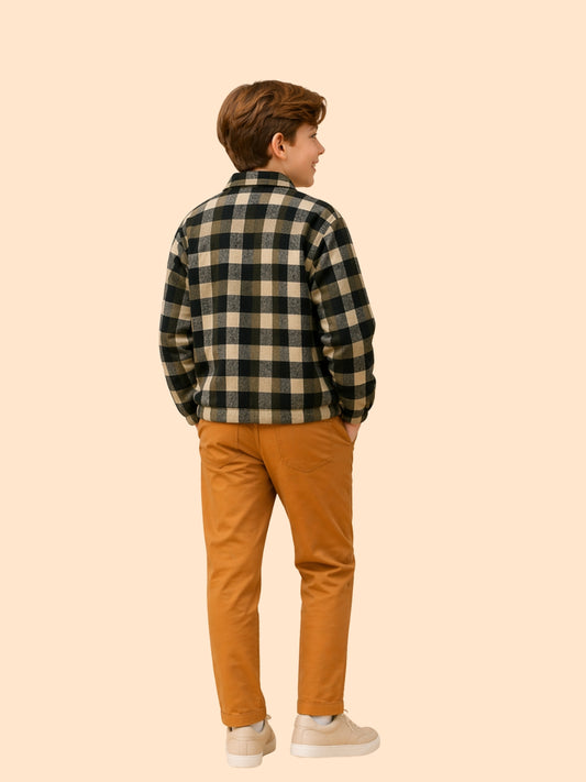 Boys Checkered Casual Jacket Shirt | Black & Beige Winter Shirt (2–10 Years)