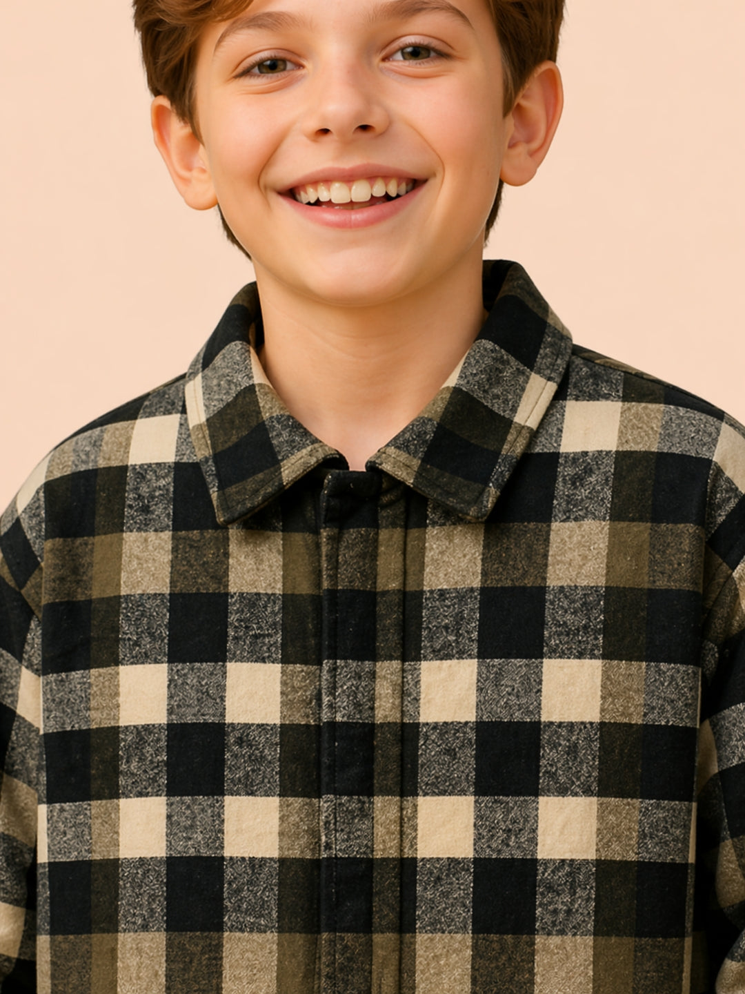 Boys Checkered Casual Jacket Shirt | Black & Beige Winter Shirt (2–10 Years)