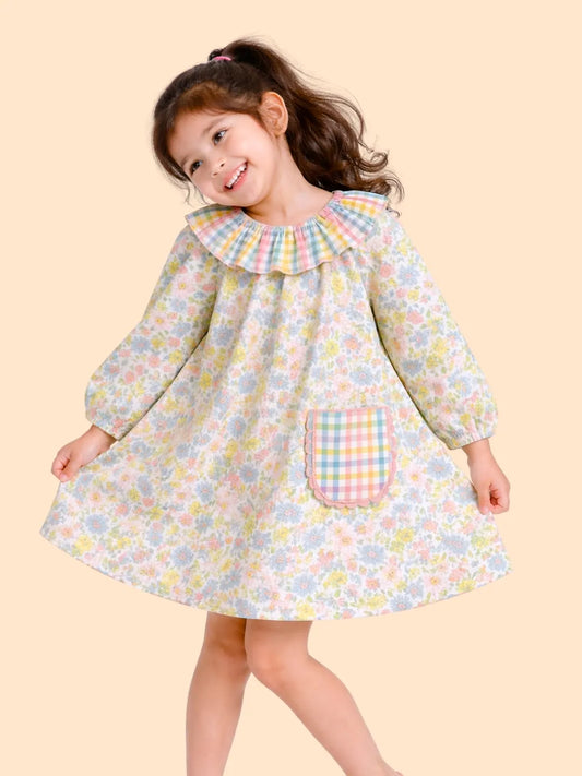 Girls Multicolor Floral Dress with Frill Collar | Cute Pastel Casual Dress for Kids (2-6 Years)