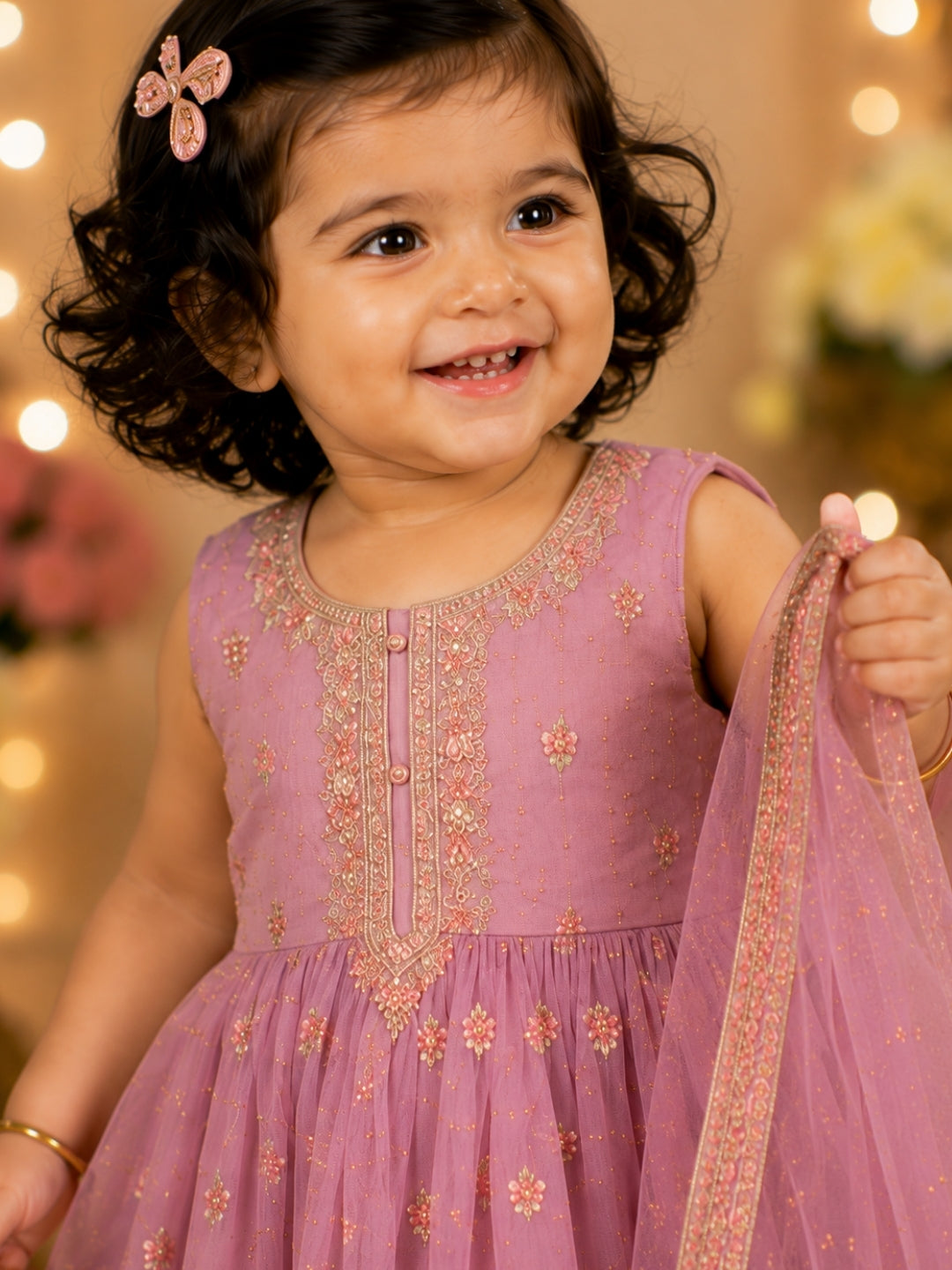 Girls Lavender Embroidered Party Wear Gown with Dupatta | Kids Ethnic Anarkali Dress | Festive Traditional Wear for Girls (1–8 Years)