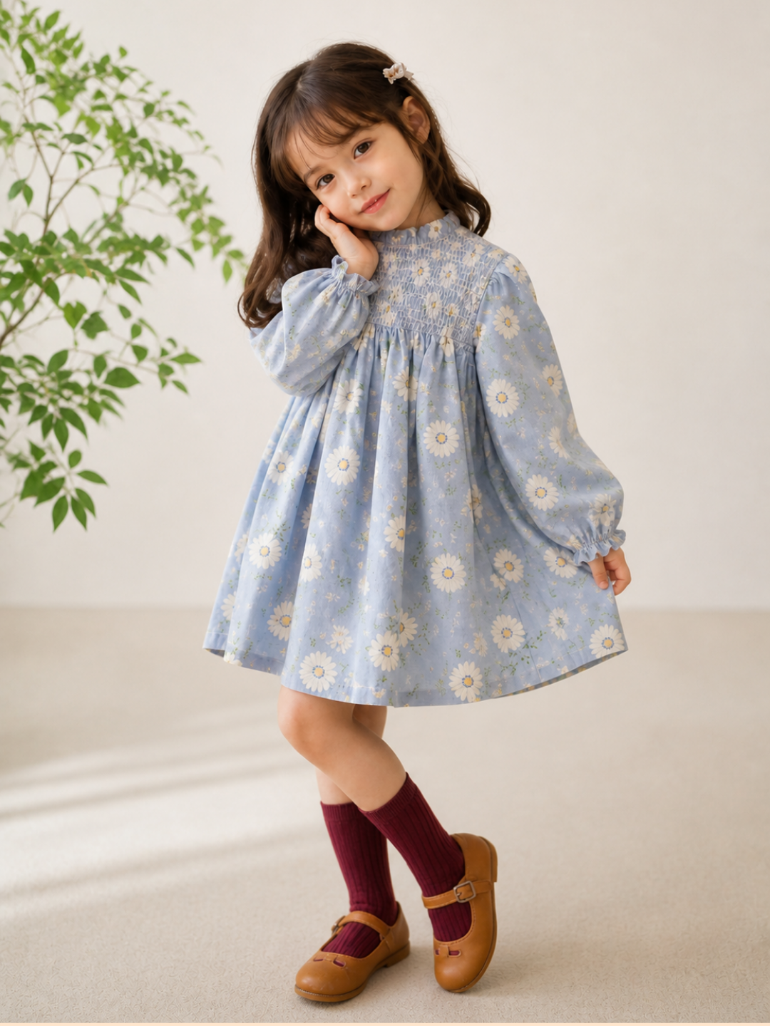 Girls Blue Floral Smocked Dress | Full Sleeve Cotton Party & Casual Dress (2–8 Years)