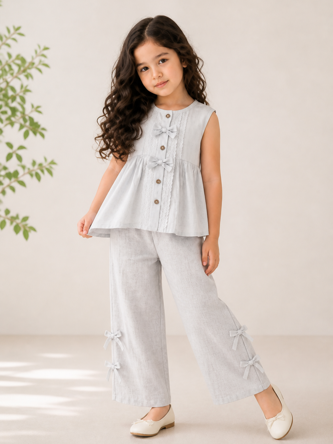 Girls Grey Linen Co-Ord Set | Sleeveless Bow Top with Wide Leg Pants for Kids (2–12 Years)