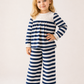 Girls Navy Blue Striped Co-Ord Set | Full Sleeve Lace Top & Wide Leg Pants for Kids (2–12 Years)