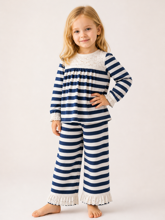 Girls Navy Blue Striped Co-Ord Set | Full Sleeve Lace Top & Wide Leg Pants for Kids (2–12 Years)