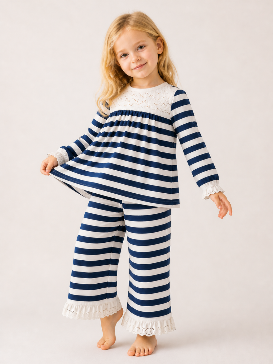 Girls Navy Blue Striped Co-Ord Set | Full Sleeve Lace Top & Wide Leg Pants for Kids (2–12 Years)