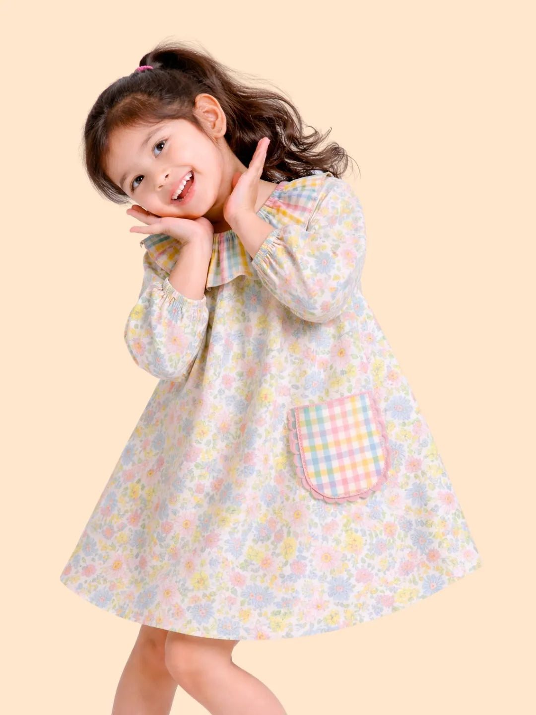 Girls Multicolor Floral Dress with Frill Collar