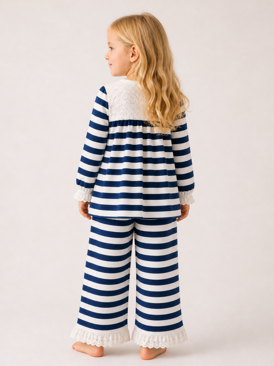Girls Navy Blue Striped Co-Ord Set | Full Sleeve Lace Top & Wide Leg Pants for Kids (2–12 Years)