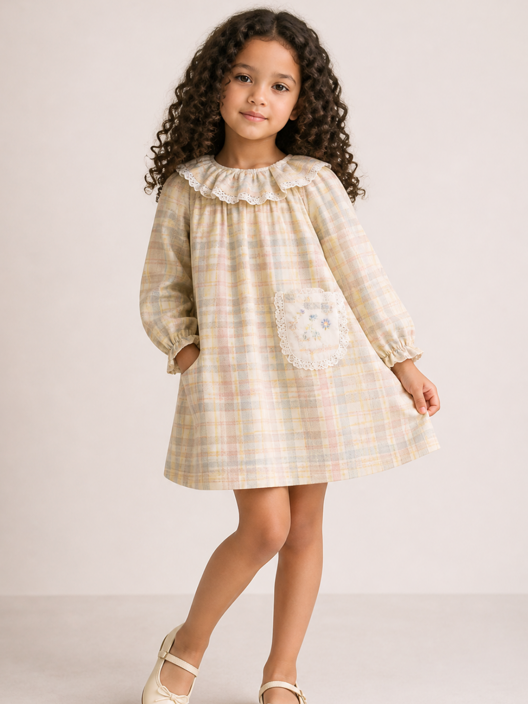 Girls Pastel Plaid Cotton Dress | Full Sleeve Ruffle Collar A-Line Dress with Lace Pocket (1–5 Years)