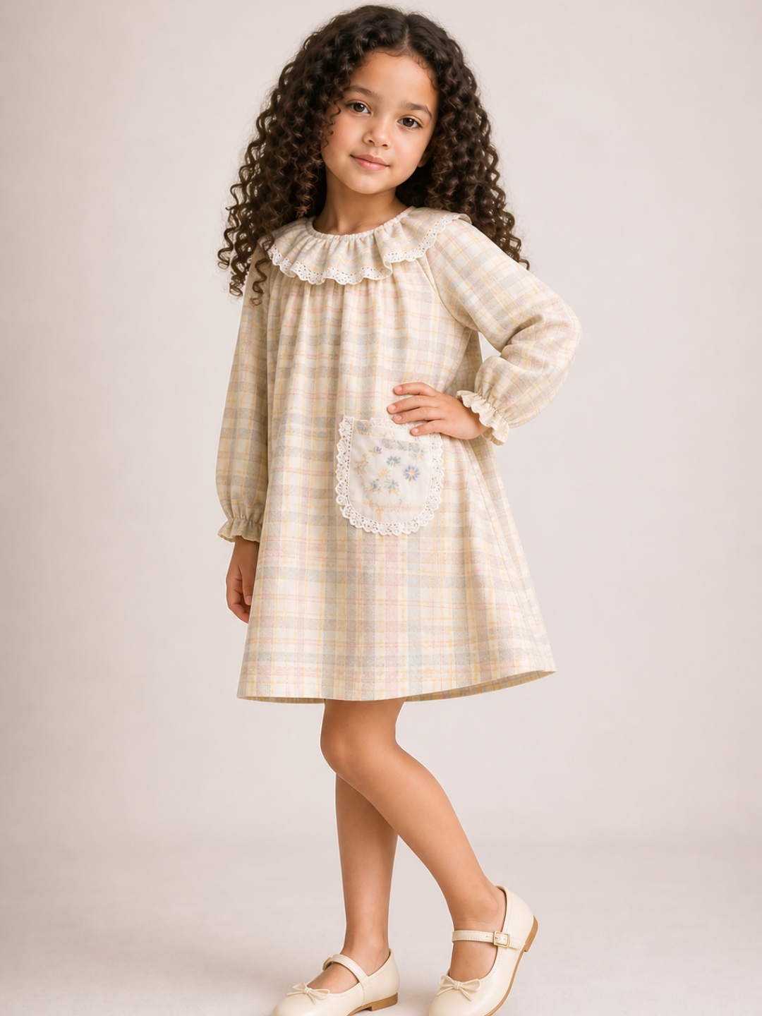 Girls Pastel Plaid Cotton Dress | Full Sleeve Ruffle Collar A-Line Dress with Lace Pocket (1–5 Years)