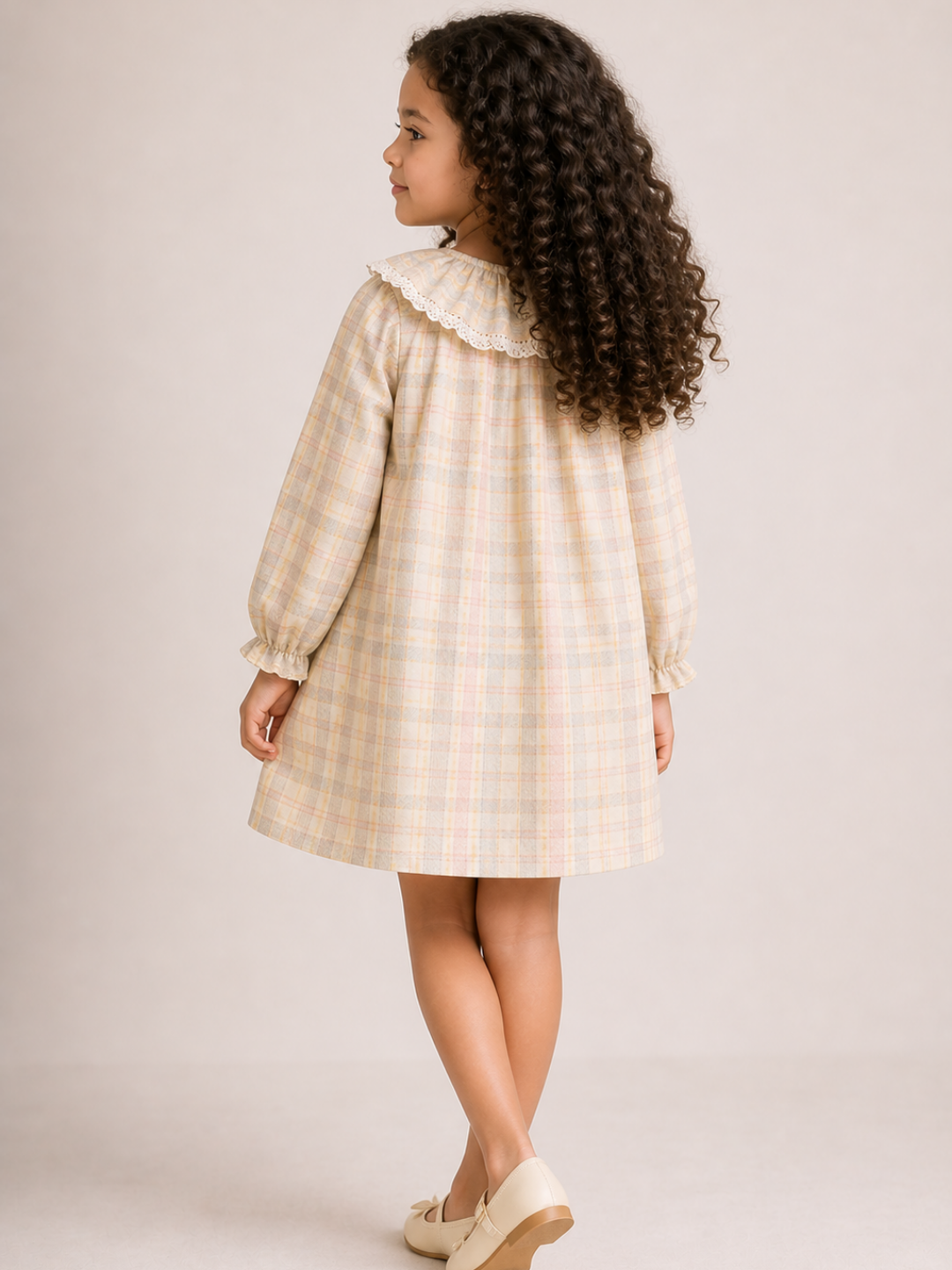 Girls Pastel Plaid Cotton Dress | Full Sleeve Ruffle Collar A-Line Dress with Lace Pocket (1–5 Years)