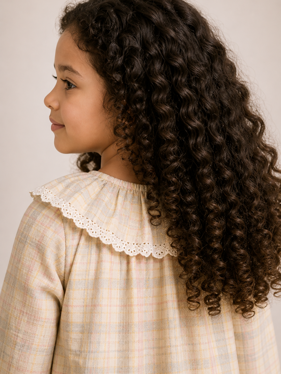 Girls Pastel Plaid Cotton Dress | Full Sleeve Ruffle Collar A-Line Dress with Lace Pocket (1–5 Years)