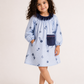 Girls Light Blue Floral Cotton Dress | Full Sleeve A-Line Dress with Navy Ruffle Collar & Pocket (1–5 Years)