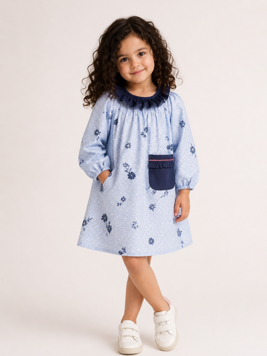 Girls Light Blue Floral Cotton Dress | Full Sleeve A-Line Dress with Navy Ruffle Collar & Pocket (1–5 Years)