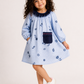 Girls Light Blue Floral Cotton Dress | Full Sleeve A-Line Dress with Navy Ruffle Collar & Pocket (1–5 Years)