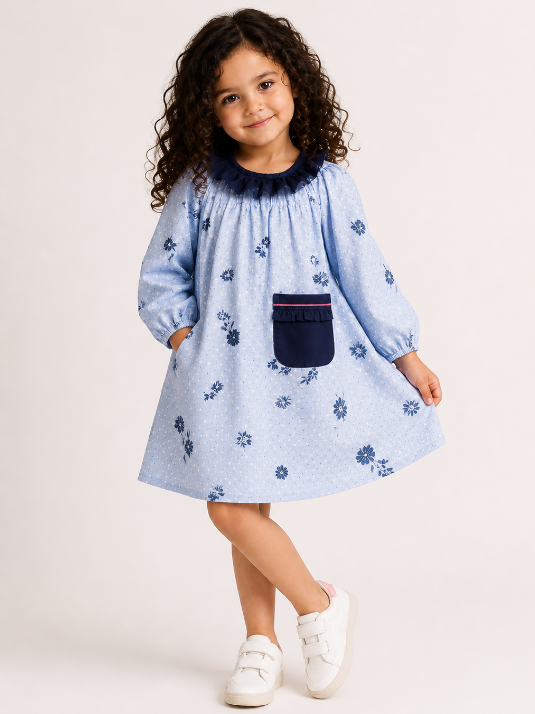Girls Light Blue Floral Cotton Dress | Full Sleeve A-Line Dress with Navy Ruffle Collar & Pocket (1–5 Years)