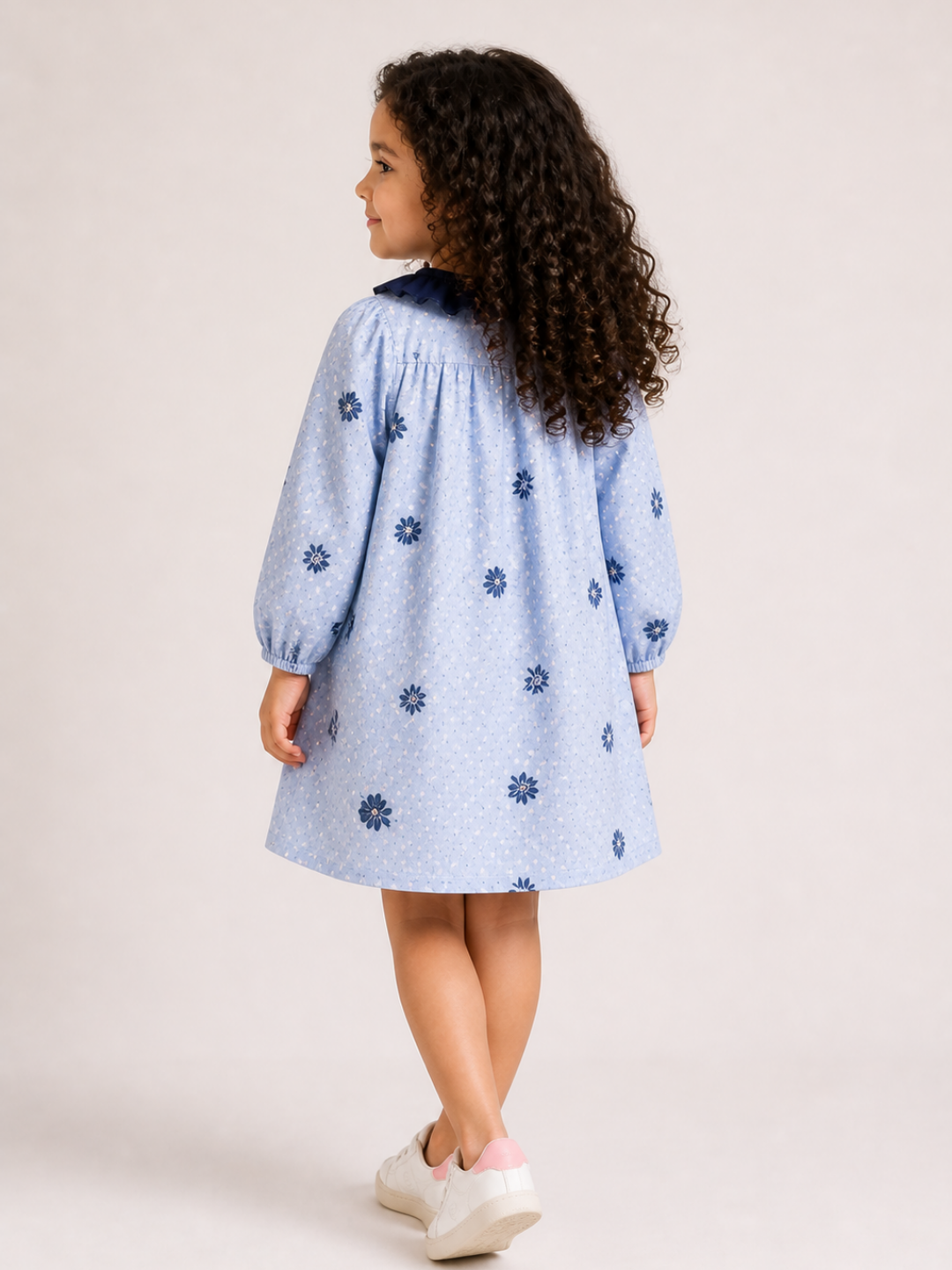 Girls Light Blue Floral Cotton Dress | Full Sleeve A-Line Dress with Navy Ruffle Collar & Pocket (1–5 Years)