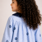 Girls Light Blue Floral Cotton Dress | Full Sleeve A-Line Dress with Navy Ruffle Collar & Pocket (1–5 Years)