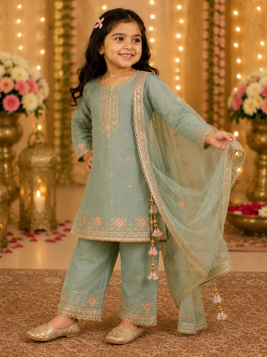 Girls Sea Green Embroidered Kurta Palazzo Set with Dupatta | Kids Ethnic Suit | Festive & Party Wear Traditional Dress for Girls (1–8 Years)