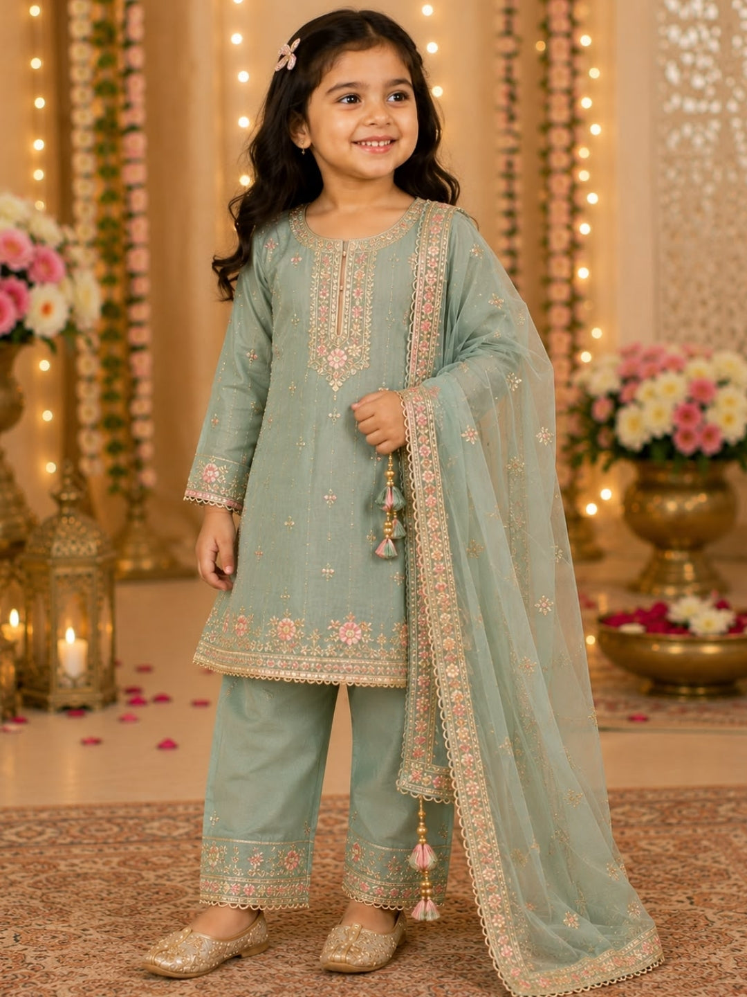 Girls Sea Green Embroidered Kurta Palazzo Set with Dupatta | Kids Ethnic Suit | Festive & Party Wear Traditional Dress for Girls (1–8 Years)