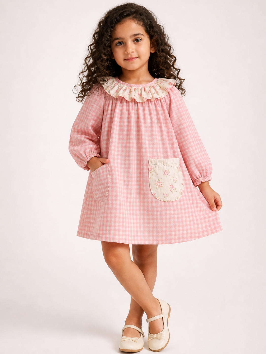 Girls Pink Gingham Cotton Dress | Full Sleeve A-Line Dress with Floral Ruffle Collar & Pocket (1–5 Years)
