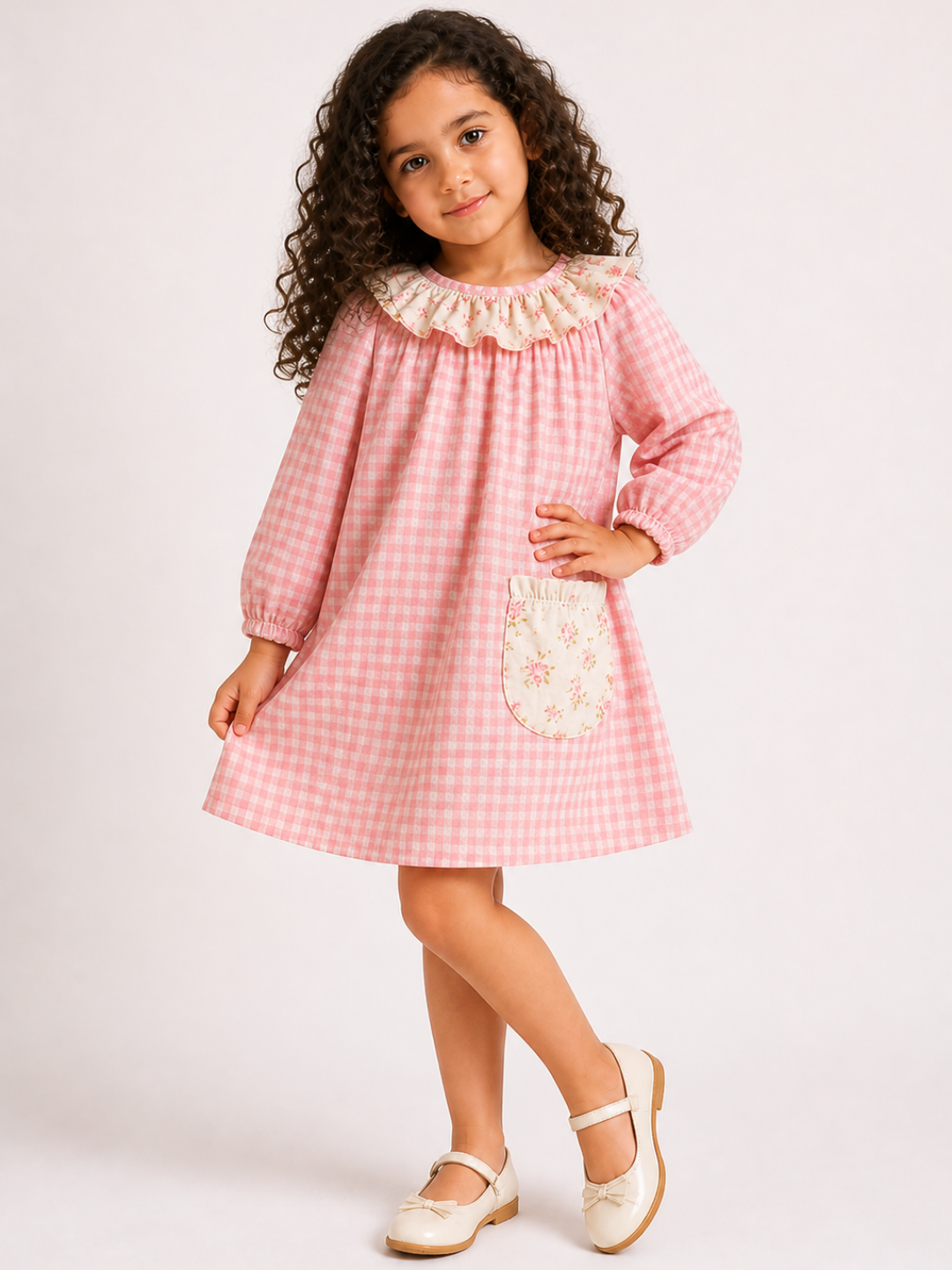 Girls Pink Gingham Cotton Dress | Full Sleeve A-Line Dress with Floral Ruffle Collar & Pocket (1–5 Years)