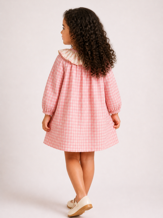 Girls Pink Gingham Cotton Dress | Full Sleeve A-Line Dress with Floral Ruffle Collar & Pocket (1–5 Years)