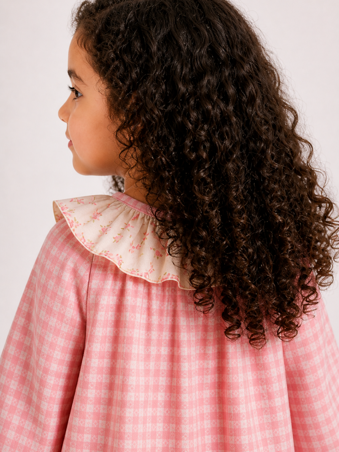 Girls Pink Gingham Cotton Dress | Full Sleeve A-Line Dress with Floral Ruffle Collar & Pocket (1–5 Years)