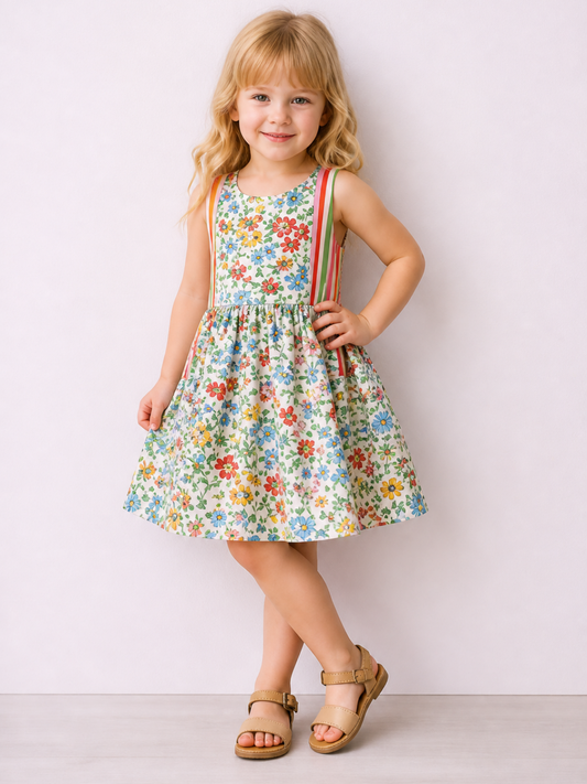 Girls Floral Cotton Sleeveless Dress | Multicolor Printed Summer Party Dress with Rainbow Stripe Side Panels (2–8 Years)