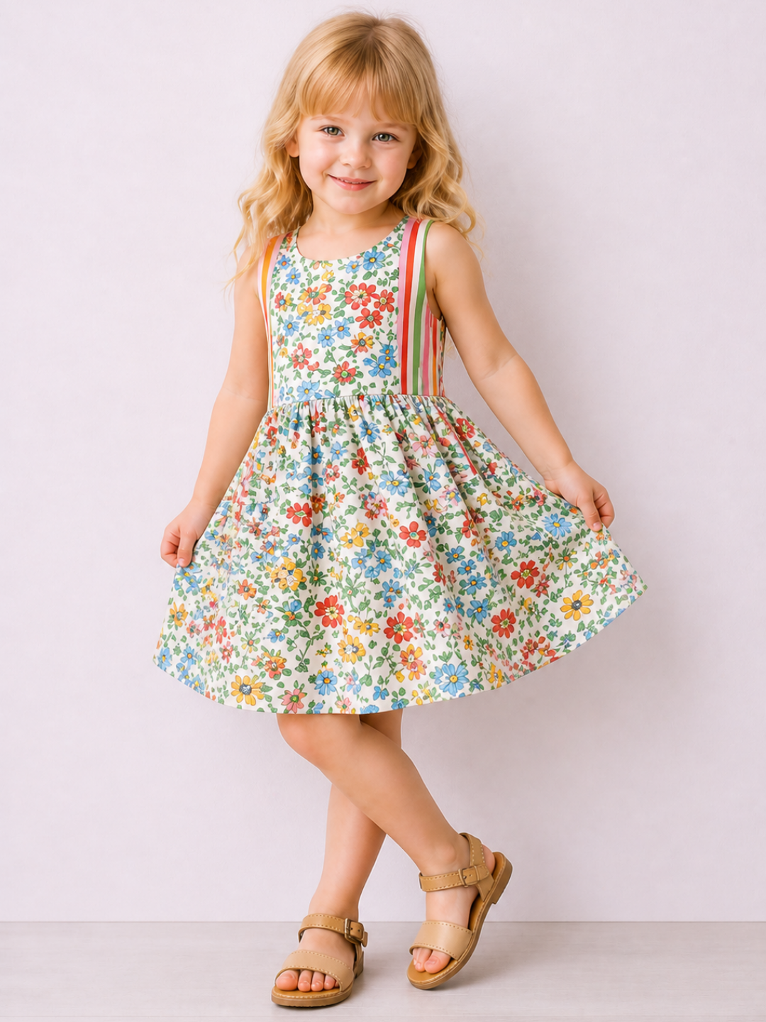 Girls Floral Cotton Sleeveless Dress | Multicolor Printed Summer Party Dress with Rainbow Stripe Side Panels (2–8 Years)
