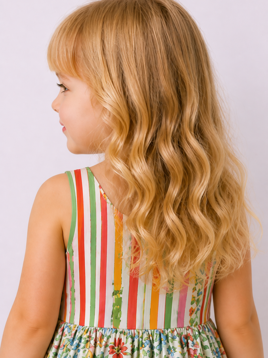 Girls Floral Cotton Sleeveless Dress | Multicolor Printed Summer Party Dress with Rainbow Stripe Side Panels (2–8 Years)