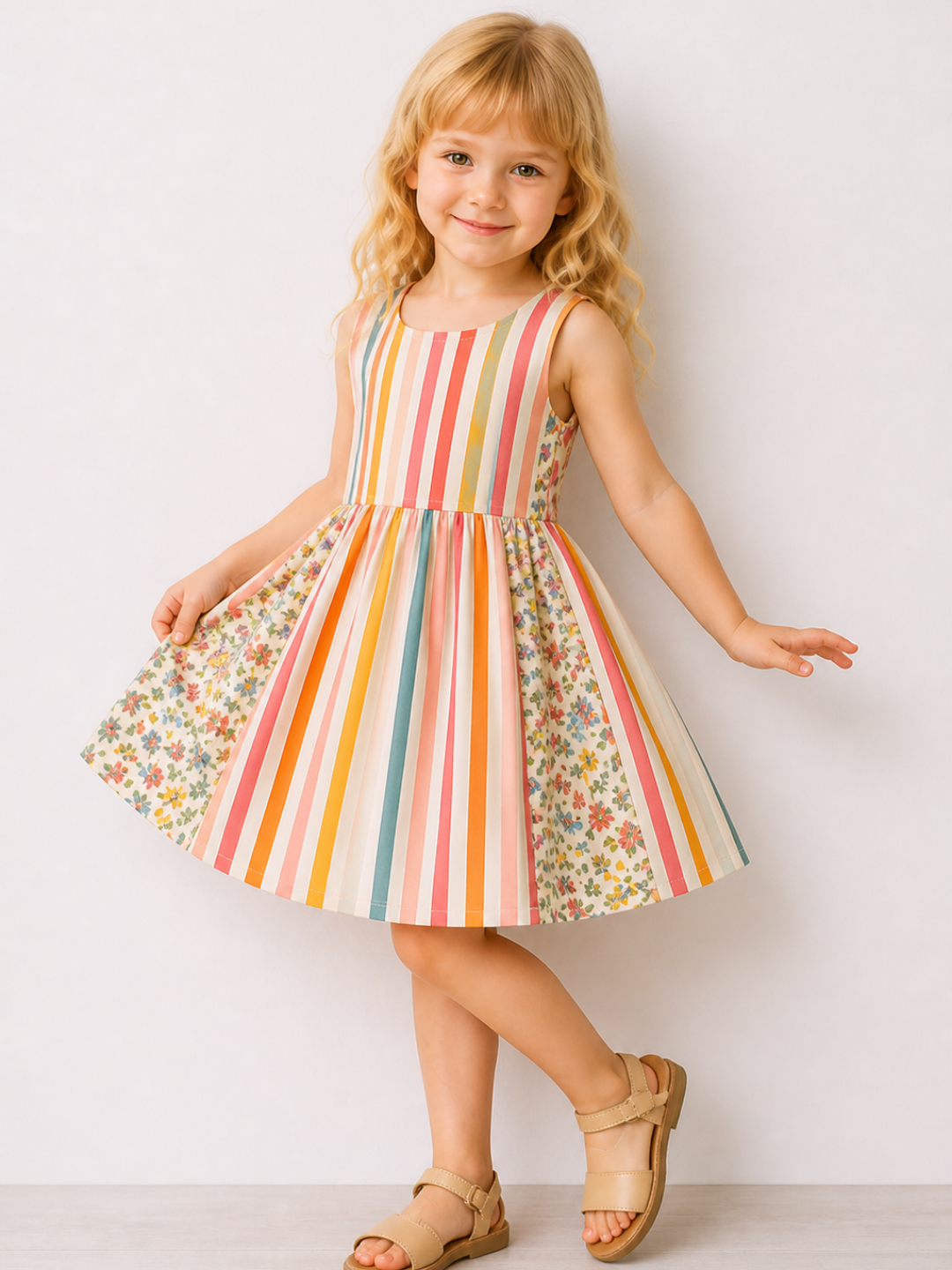 Girls Multicolor Striped Floral Cotton Dress | Sleeveless Summer Party Dress for Kids (2–8 Years)