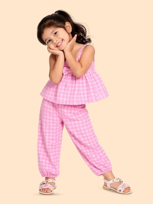 Girls Pink Checkered Co-ord Set | Sleeveless Top & Pants Outfit for Kids (2-6 Years)
