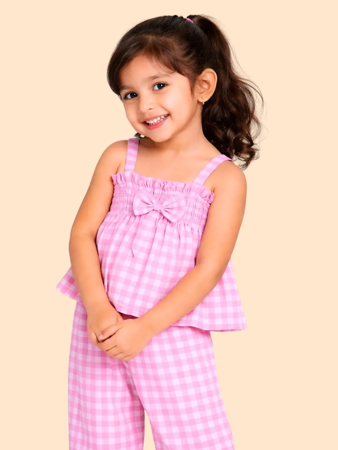 Girls Pink Checkered Co-ord Set | Sleeveless Top & Pants Outfit for Kids (2-6 Years)
