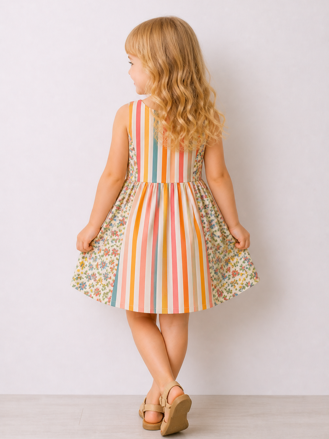 Girls Multicolor Striped Floral Cotton Dress | Sleeveless Summer Party Dress for Kids (2–8 Years)