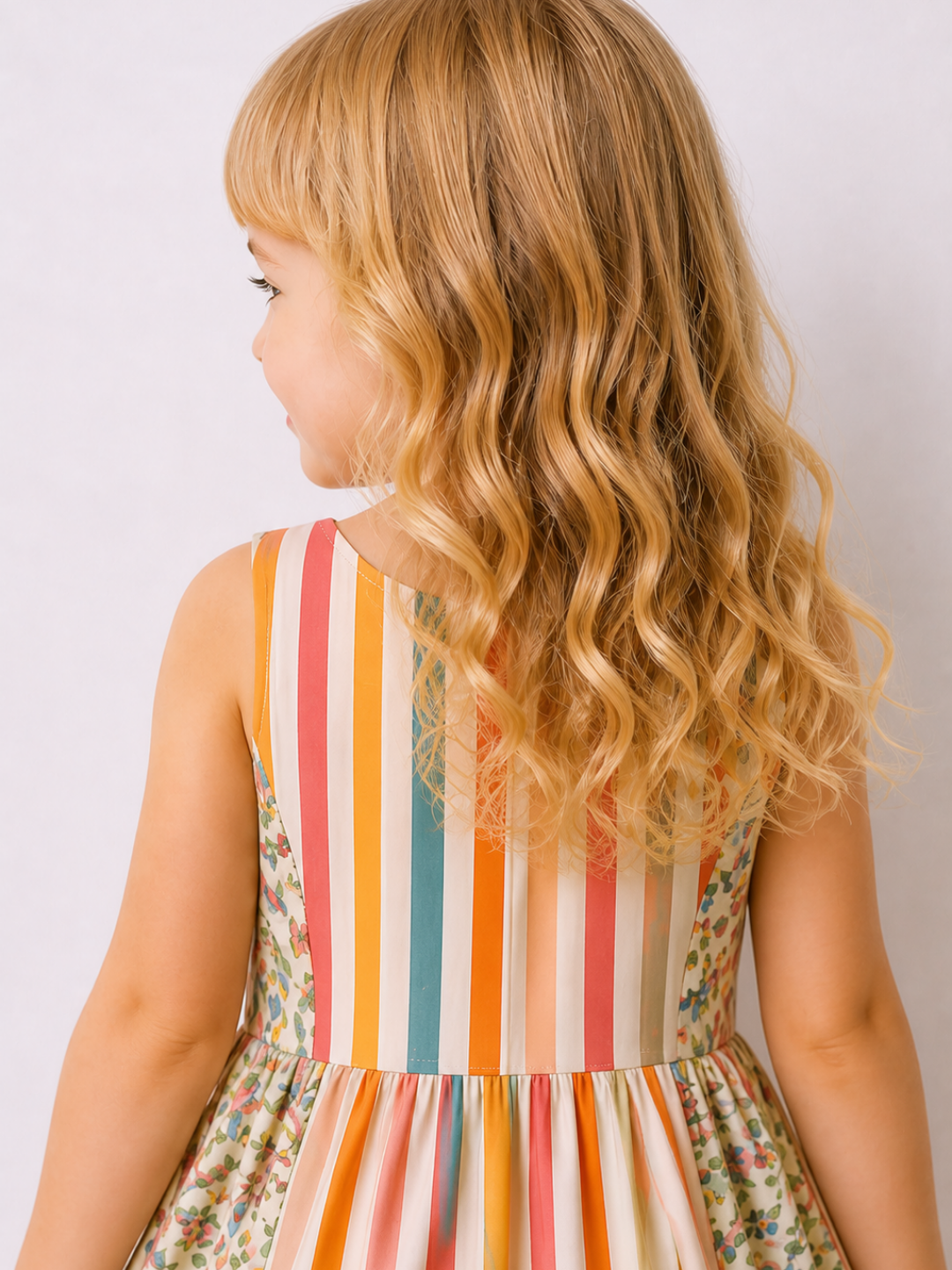 Girls Multicolor Striped Floral Cotton Dress | Sleeveless Summer Party Dress for Kids (2–8 Years)