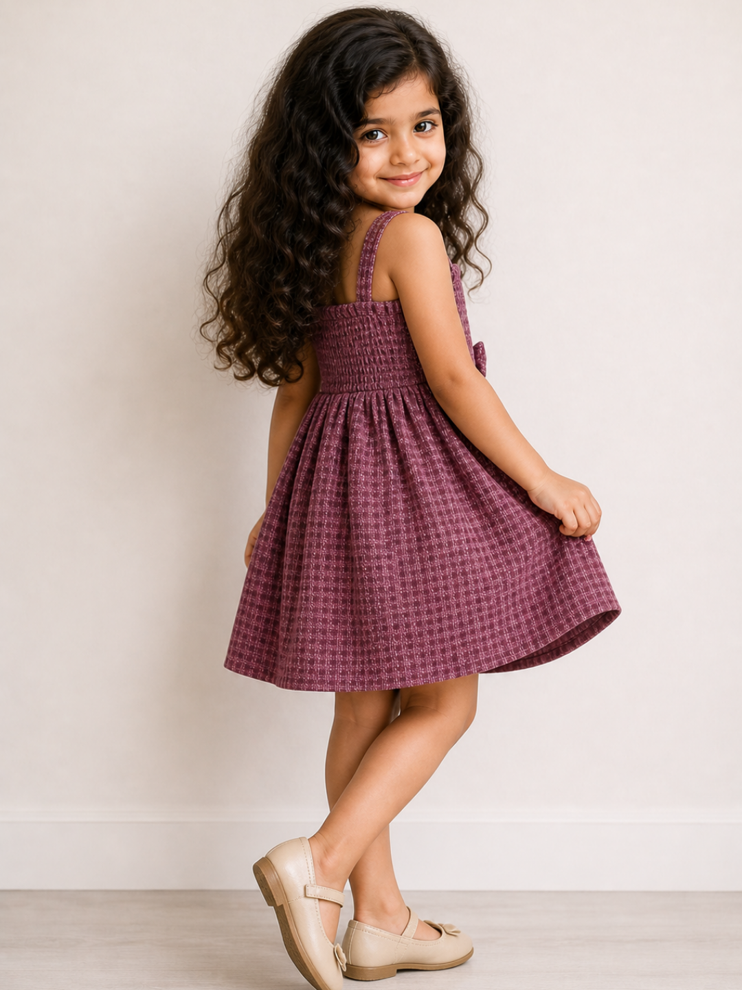 Girls Smocked Cotton Party Dress | Sleeveless Textured Purple Fit & Flare Dress with Bow Detail (1–5 Years)
