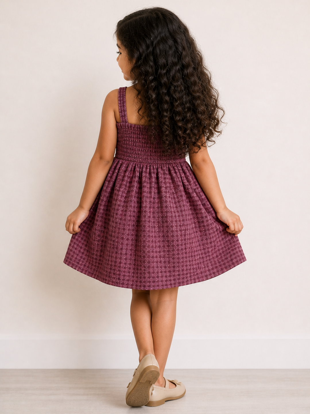 Girls Smocked Cotton Party Dress | Sleeveless Textured Purple Fit & Flare Dress with Bow Detail (1–5 Years)