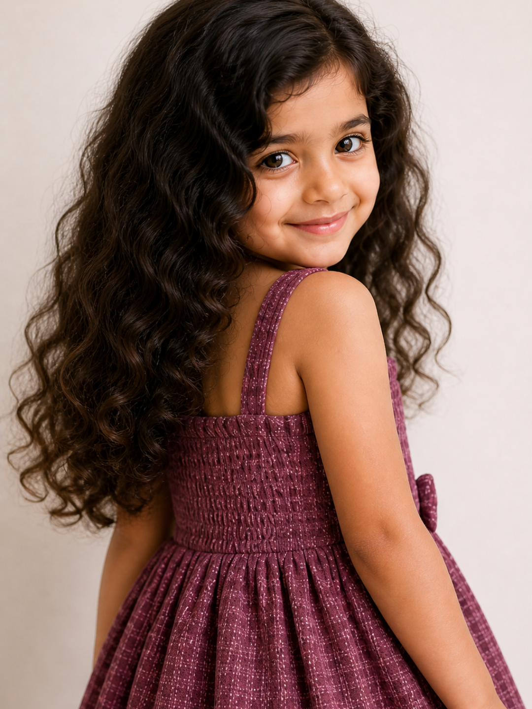 Girls Smocked Cotton Party Dress | Sleeveless Textured Purple Fit & Flare Dress with Bow Detail (1–5 Years)