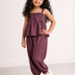 Girls Smocked Peplum Top with Jogger Pants Set | Mauve Textured Cotton Co-Ord Set with Bow Detail (1–5 Years)