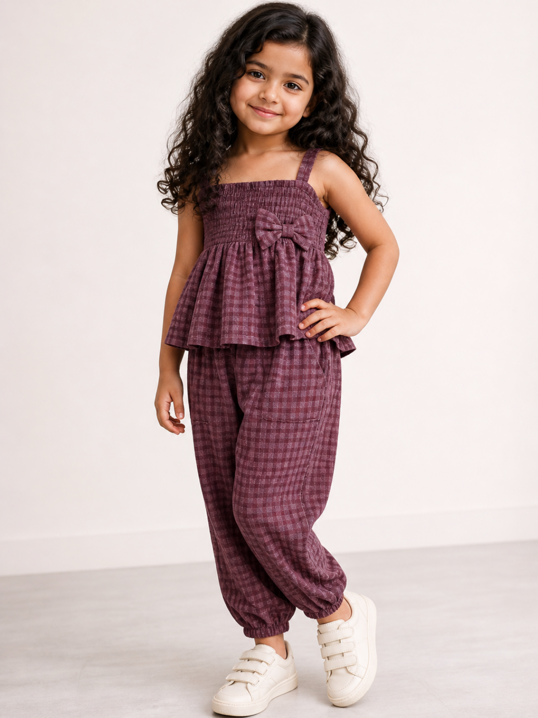 Girls Smocked Peplum Top with Jogger Pants Set | Mauve Textured Cotton Co-Ord Set with Bow Detail (1–5 Years)