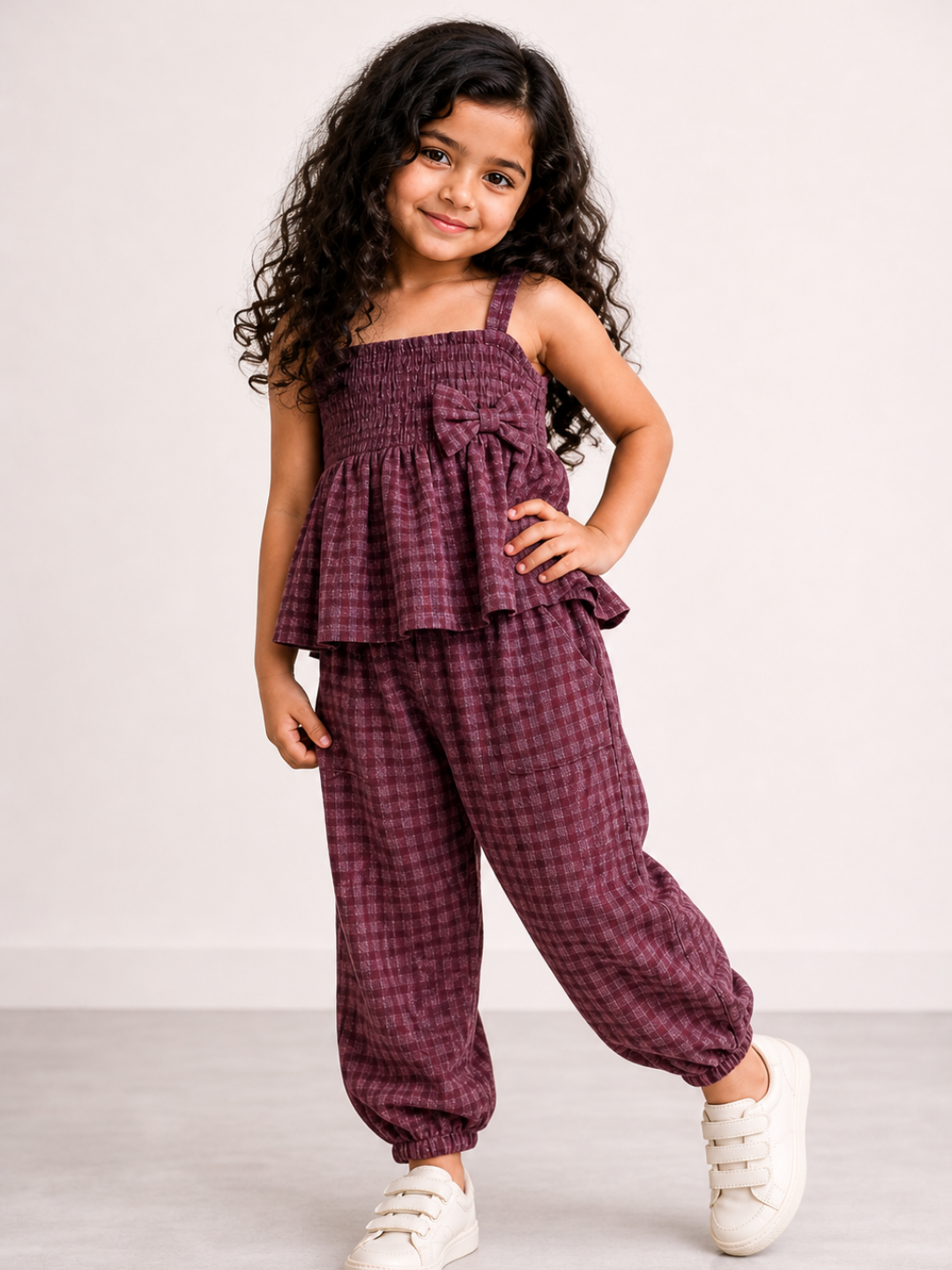 Girls Smocked Peplum Top with Jogger Pants Set | Mauve Textured Cotton Co-Ord Set with Bow Detail (1–5 Years)