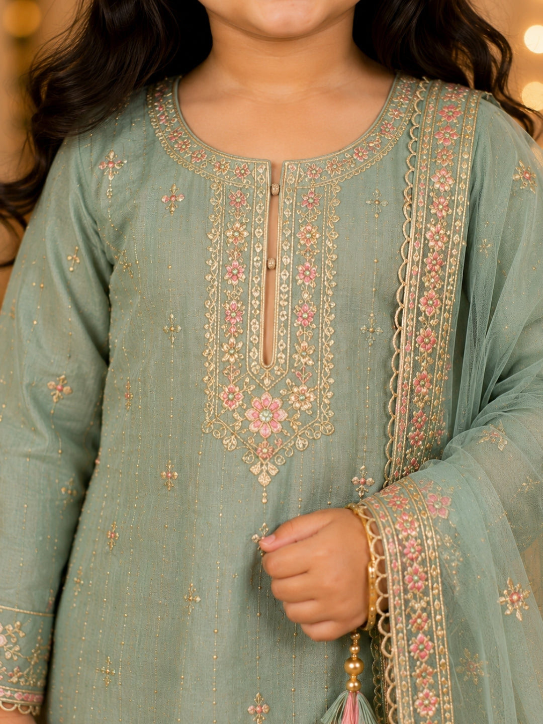 Girls Sea Green Embroidered Kurta Palazzo Set with Dupatta | Kids Ethnic Suit | Festive & Party Wear Traditional Dress for Girls (1–8 Years)