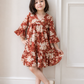 Girls Rust Floral V-Neck Dress | Cotton Tiered Party Dress with Bell Sleeves (2–8 Years)