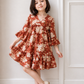 Girls Rust Floral V-Neck Dress | Cotton Tiered Party Dress with Bell Sleeves (2–8 Years)
