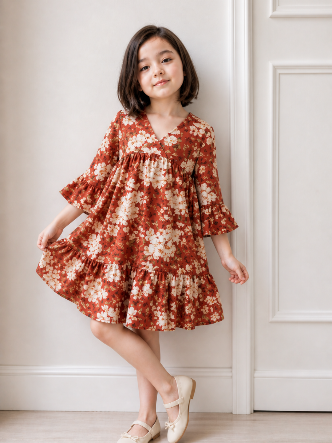 Girls Rust Floral V-Neck Dress | Cotton Tiered Party Dress with Bell Sleeves (2–8 Years)