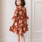Girls Rust Floral V-Neck Dress | Cotton Tiered Party Dress with Bell Sleeves (2–8 Years)