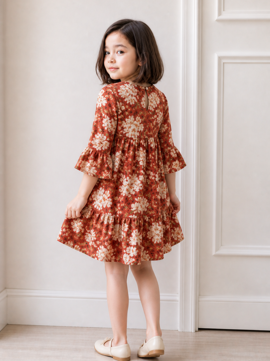 Girls Rust Floral V-Neck Dress | Cotton Tiered Party Dress with Bell Sleeves (2–8 Years)